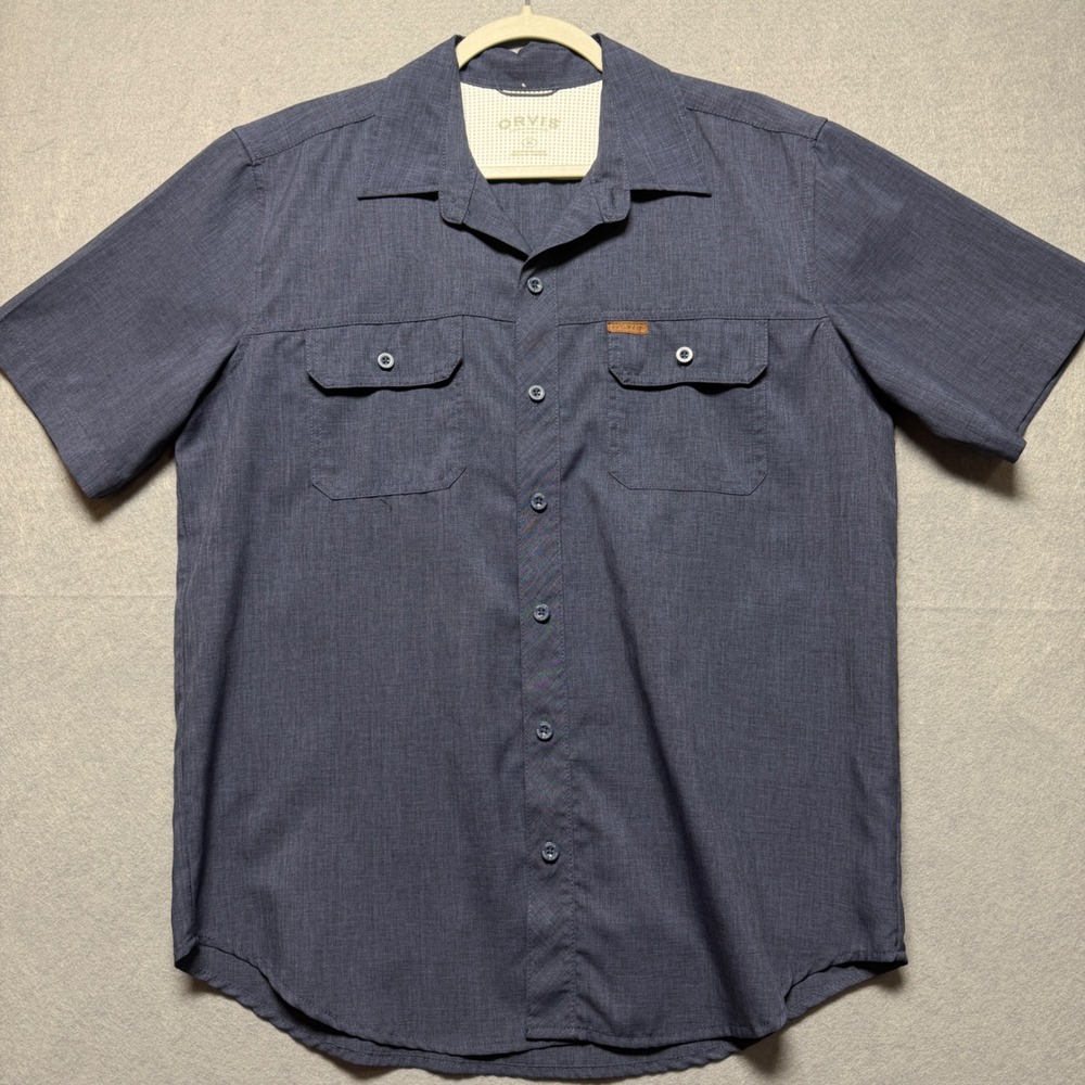 ORVIS‎ Men's Short Sleeve Button Up Shirt Navy Blue Polyester Size K